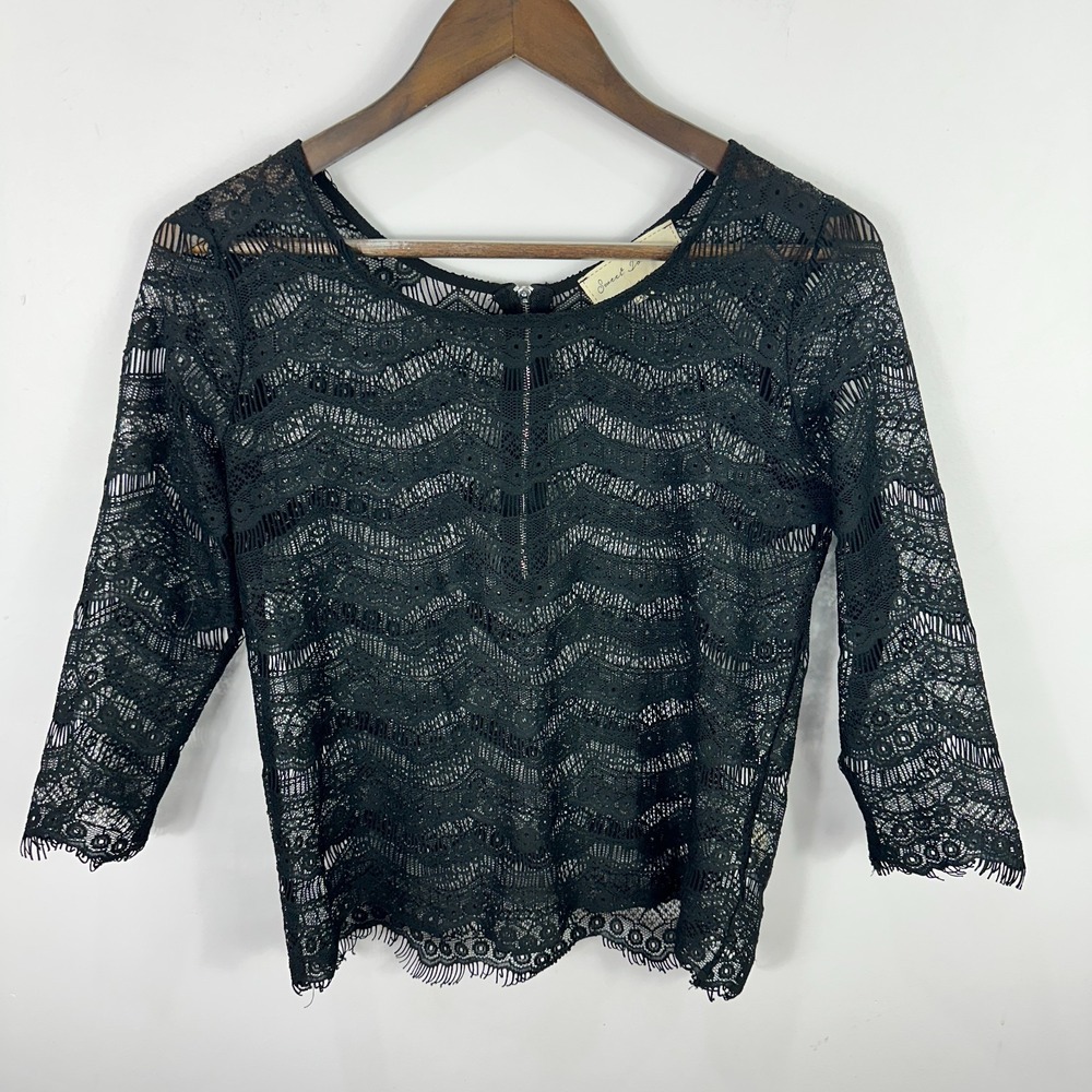 Vintage Black Lace Top Womens‎ Small Sheer Boho Gothic Witchy Romantic Layering